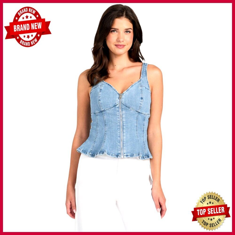 Denim Peplum Tank Top with Adjustable Straps, Fitted V-Neck Style